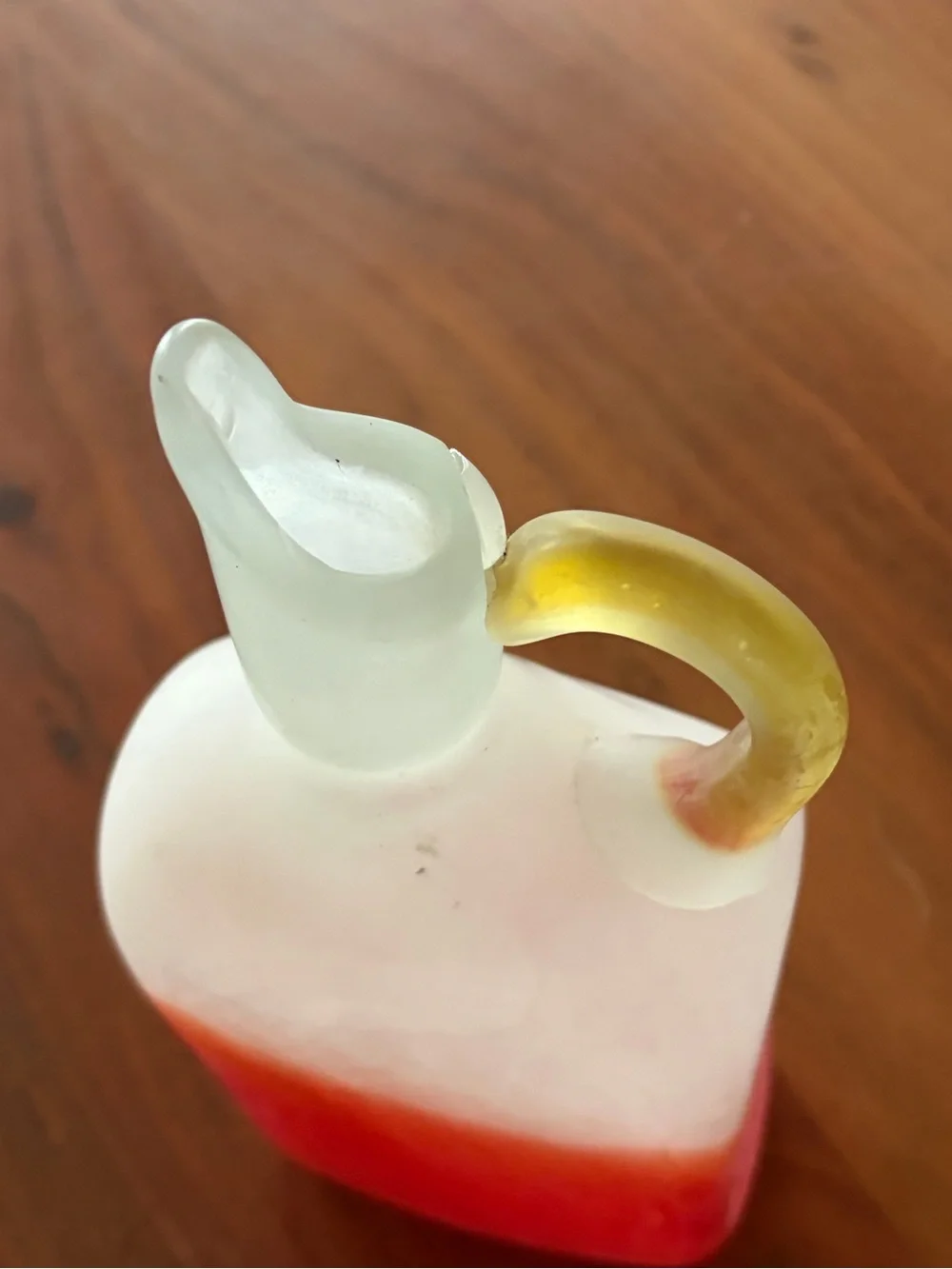 Vintage White to Red Ombre Glass Pitcher with Yellow Handle